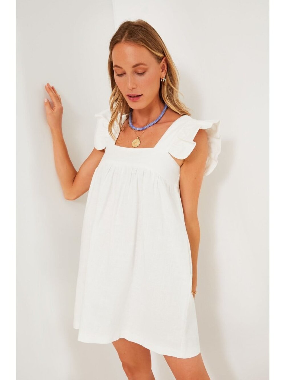 Pomander Place by Tuckernuck White Hazel Flutter Sleeve Dress XS Linen-Viscose
